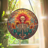 Skeleton Sunflower Stained Glass Suncatcher, Round Gothic Floral Window Panel, Day of the Dead Glass Art Home Decor Gift