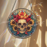 Skull Sunflower Stained Glass Suncatcher, Round Gothic Floral Window Panel, Day of the Dead Glass Art Home Decor Gift