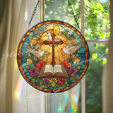 Bible Cross Dove Stained Glass Suncatcher, Round Christian Window Panel, Holy Spirit Faith Glass Art Home Decor Gift