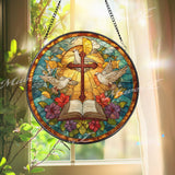 Bible Cross Dove Stained Glass Suncatcher, Round Christian Window Panel, Holy Spirit Faith Glass Art Home Decor Gift