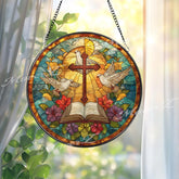 Bible Cross Dove Stained Glass Suncatcher, Round Christian Window Panel, Holy Spirit Faith Glass Art Home Decor Gift