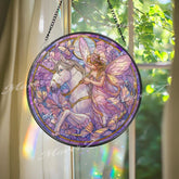 Fairy Unicorn Stained Glass Suncatcher, Round Fantasy Window Panel, Butterfly Magic Glass Art Home Decor Gift