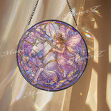 Fairy Unicorn Stained Glass Suncatcher, Round Fantasy Window Panel, Butterfly Magic Glass Art Home Decor Gift