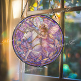 Fairy Unicorn Stained Glass Suncatcher, Round Fantasy Window Panel, Butterfly Magic Glass Art Home Decor Gift