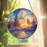 Wolf Moon Stained Glass Suncatcher, Round Forest Sunset Window Panel, Howling Wolf Glass Art Home Decor Gift
