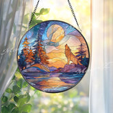 Wolf Moon Stained Glass Suncatcher, Round Forest Sunset Window Panel, Howling Wolf Glass Art Home Decor Gift