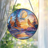 Wolf Moon Stained Glass Suncatcher, Round Forest Sunset Window Panel, Howling Wolf Glass Art Home Decor Gift