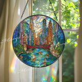 City Skyline Stained Glass Suncatcher, Round Urban River Window Panel, Modern Architecture Glass Art Home Decor Gift