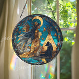 Native Spirit Stained Glass Suncatcher, Round Wolf Moon Window Panel, Tribal Woman Glass Art Home Decor Gift