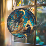 Native Spirit Stained Glass Suncatcher, Round Wolf Moon Window Panel, Tribal Woman Glass Art Home Decor Gift