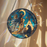 Native Spirit Stained Glass Suncatcher, Round Wolf Moon Window Panel, Tribal Woman Glass Art Home Decor Gift