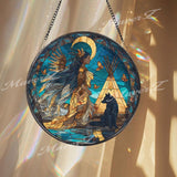 Native Spirit Stained Glass Suncatcher, Round Wolf Moon Window Panel, Tribal Woman Glass Art Home Decor Gift