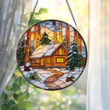 Cabin Winter Stained Glass Suncatcher, Round Snow Forest Window Panel, Cozy Log Home Glass Art Holiday Decor Gift