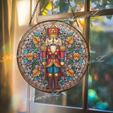 Nutcracker Stained Glass Suncatcher, Round Christmas Window Panel, Holiday Soldier Glass Art Home Decor Gift