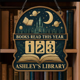 Celestial Books Read Tracker Sign, Moon and Planet Wooden Library Decor, Personalized Reading Counter, Fantasy Book Lover Gift