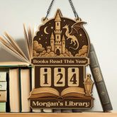 Books Read This Year Tracker - Dragon Castle Wooden Reading Sign, Book Lover Gift, Enchanted Medieval Decor, Fantasy Library Counter