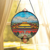 Forbidden City Stained Glass Suncatcher, Round Imperial Palace Window Panel, Asian Architecture Glass Art Home Decor Gift