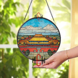 Forbidden City Stained Glass Suncatcher, Round Imperial Palace Window Panel, Asian Architecture Glass Art Home Decor Gift