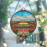 Forbidden City Stained Glass Suncatcher, Round Imperial Palace Window Panel, Asian Architecture Glass Art Home Decor Gift
