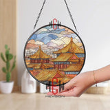 Asian City Temple Stained Glass Suncatcher, Round Golden Roof Pagoda Window Panel, Cultural Architecture Glass Art Home Decor