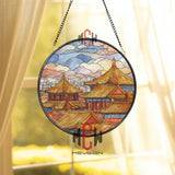 Asian City Temple Stained Glass Suncatcher, Round Golden Roof Pagoda Window Panel, Cultural Architecture Glass Art Home Decor