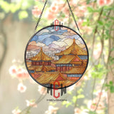 Asian City Temple Stained Glass Suncatcher, Round Golden Roof Pagoda Window Panel, Cultural Architecture Glass Art Home Decor