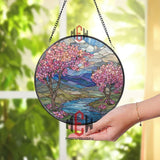 Cherry Blossom River Stained Glass Suncatcher, Round Spring Landscape Window Panel, Pink Flower Nature Glass Art Home Decor