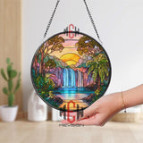 Waterfall Sunset Stained Glass Suncatcher, Round Tropical Landscape Window Panel, Nature Jungle Glass Art Home Decor Gift