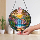 Waterfall Sunset Stained Glass Suncatcher, Round Tropical Landscape Window Panel, Nature Jungle Glass Art Home Decor Gift
