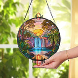 Waterfall Sunset Stained Glass Suncatcher, Round Tropical Landscape Window Panel, Nature Jungle Glass Art Home Decor Gift