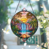 Waterfall Sunset Stained Glass Suncatcher, Round Tropical Landscape Window Panel, Nature Jungle Glass Art Home Decor Gift