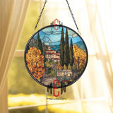 Tuscan Villa Stained Glass Suncatcher, Round Italian Countryside Window Panel, Cypress Tree Landscape Glass Art Home Decor
