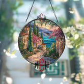 Mediterranean Village Stained Glass Suncatcher, Round Coastal Landscape Window Panel, Italian Seaside Glass Art Home Decor