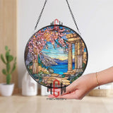 Greek Coast Stained Glass Suncatcher, Round Ancient Temple Window Panel, Mediterranean Seaside Glass Art Home Decor Gift