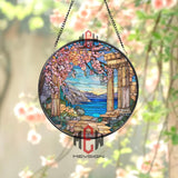 Greek Coast Stained Glass Suncatcher, Round Ancient Temple Window Panel, Mediterranean Seaside Glass Art Home Decor Gift
