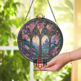 Castle Window Stained Glass Suncatcher, Round Gothic Arch Floral Panel, Fantasy Landscape Glass Art Home Decor Gift
