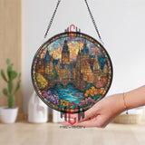 European City Stained Glass Suncatcher, Round River Bridge Window Panel, Old Town Architecture Glass Art Home Decor Gift