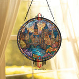 European City Stained Glass Suncatcher, Round River Bridge Window Panel, Old Town Architecture Glass Art Home Decor Gift