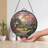Country Cottage Stained Glass Suncatcher, Round Spring Landscape Window Panel, Floral Path Garden Glass Art Home Decor Gift