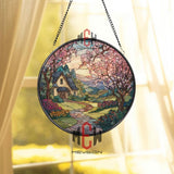 Country Cottage Stained Glass Suncatcher, Round Spring Landscape Window Panel, Floral Path Garden Glass Art Home Decor Gift
