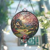 Country Cottage Stained Glass Suncatcher, Round Spring Landscape Window Panel, Floral Path Garden Glass Art Home Decor Gift