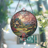 Country Cottage Stained Glass Suncatcher, Round Spring Landscape Window Panel, Floral Path Garden Glass Art Home Decor Gift