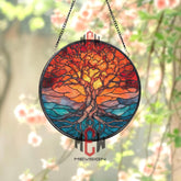 Tree of Life Stained Glass Suncatcher, Round Sunset Nature Window Panel, Sacred Roots Glass Art Home Decor Gift