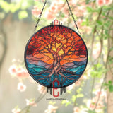 Tree of Life Stained Glass Suncatcher, Round Sunset Nature Window Panel, Sacred Roots Glass Art Home Decor Gift