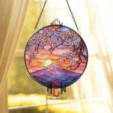 Mount Fuji Stained Glass Suncatcher, Round Cherry Blossom Sunset Window Panel, Japanese Landscape Glass Art Home Decor Gift