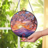Mount Fuji Stained Glass Suncatcher, Round Cherry Blossom Sunset Window Panel, Japanese Landscape Glass Art Home Decor Gift