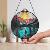 Mountain Explorer Stained Glass Suncatcher, Round Hiking Landscape Window Panel, Nature Adventure Glass Art Home Decor Gift
