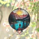 Mountain Explorer Stained Glass Suncatcher, Round Hiking Landscape Window Panel, Nature Adventure Glass Art Home Decor Gift