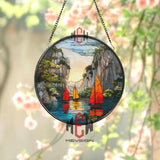 Sailboat Sunset Stained Glass Suncatcher, Round Coastal Ocean Window Panel, Nautical Sailing Glass Art Home Decor Gift