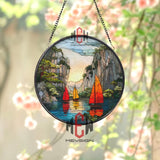 Sailboat Sunset Stained Glass Suncatcher, Round Coastal Ocean Window Panel, Nautical Sailing Glass Art Home Decor Gift